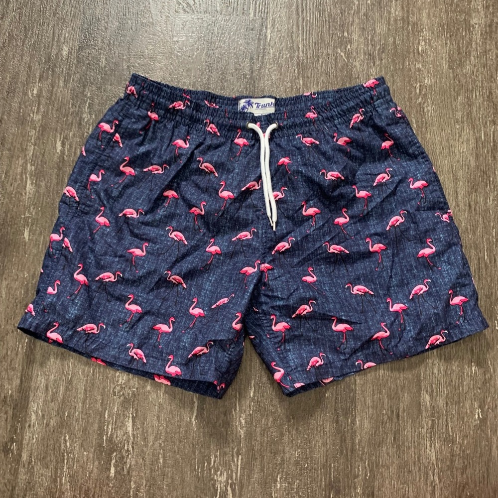 Trunks Flamingo Swim‎ Trunks Mens XL Blue Pink Bird Print Drawstring Mesh Lined